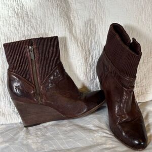 Frye Brown Leather Wedge Ankle Boots